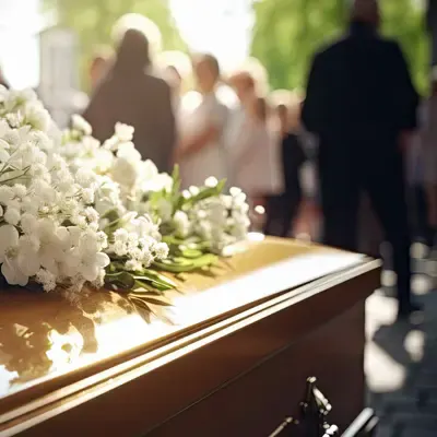 A casket with white flowers at a graveside service