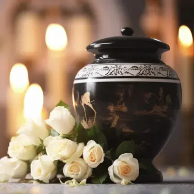 A cremation urn surrounded by white roses